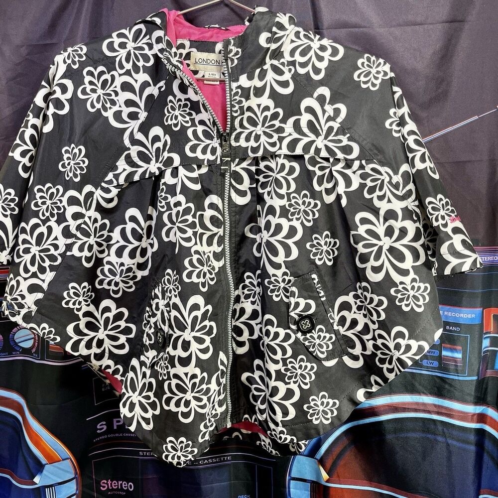 London Fog Girls Floral Black/Pink Size L /6X Lightweight Hooded Rain Poncho